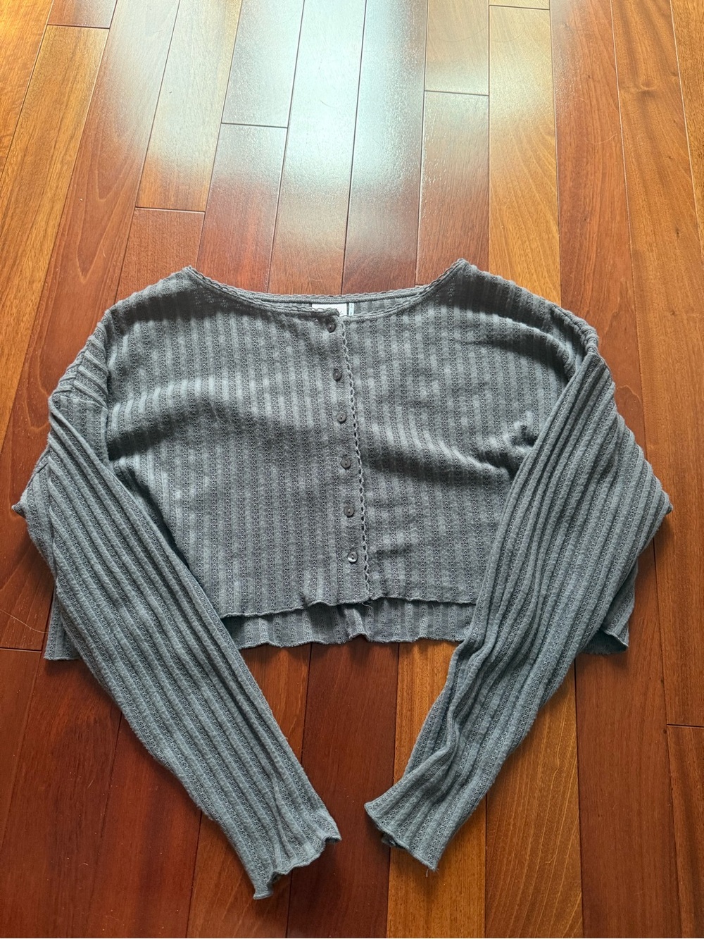 Urban Outfitters Gray Cropped Rib Button-Front Long Sleeve Top
